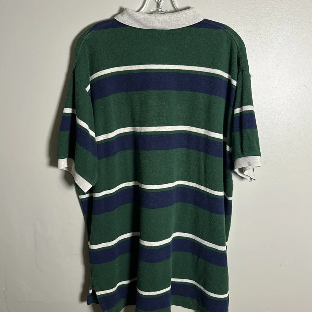 Vintage Polo Ralph Lauren Terrycloth Cotton Polo Green Navy White striped Sz XL - Picture 7 of 11